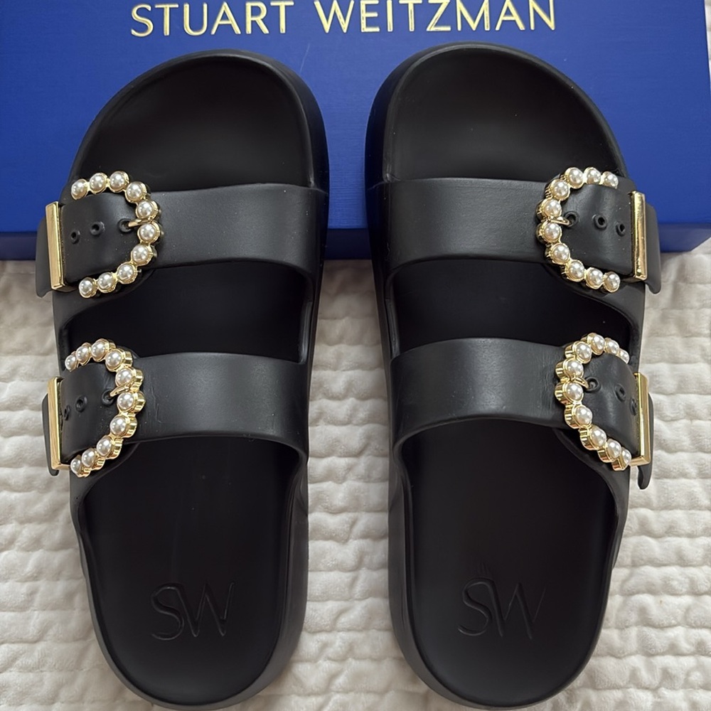 Stuart Weitzman Eva Pearl Buckle Slide in Black